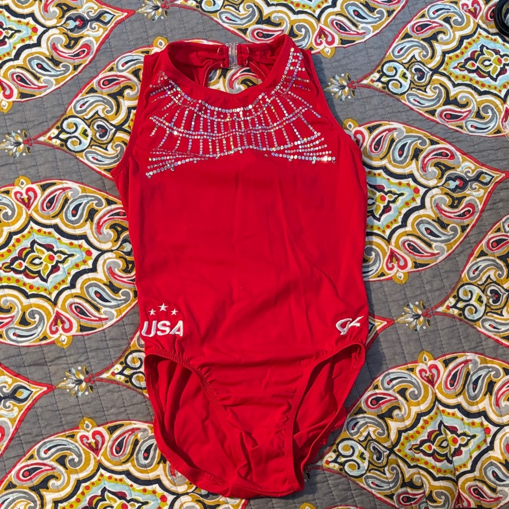 GK Red Sleeveless Leotard with Rhinestone Design